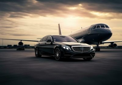 ai-generated-luxury-car-on-the-runway-in-airport-with-airplane-in-the-background-business-class-black-edition-experience-luxury-car-and-private-jet-on-the-runway-ai-generated-free-photo